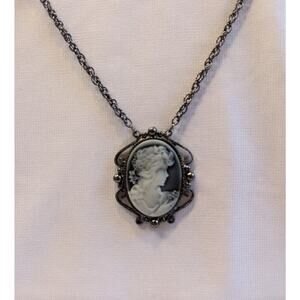 White Cameo Pendant Necklace Dark Bronze Setting with Long Chain 30" Beautiful
